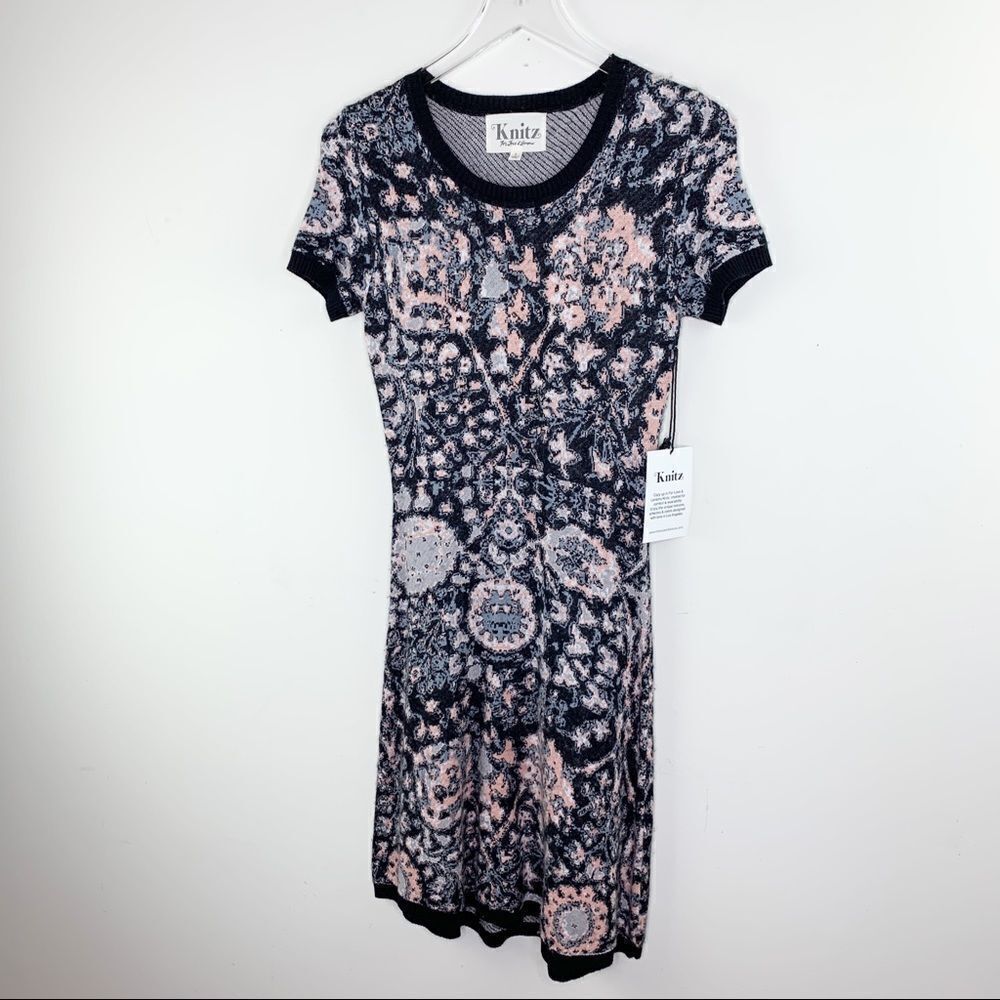 NEW For Love & Lemons Knitz Black/Pink Floral Short Sleeve Knit Dress